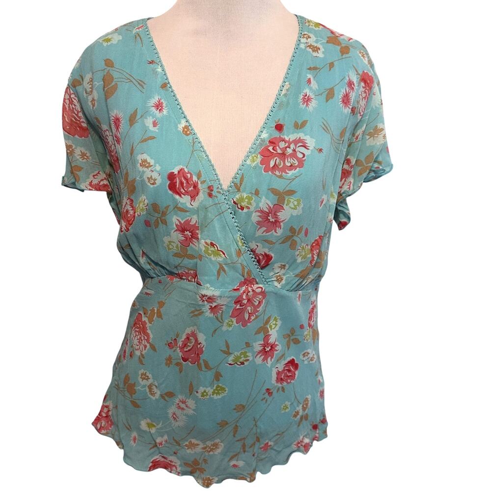 Floral Wrap V-Neck Blouse in Aqua